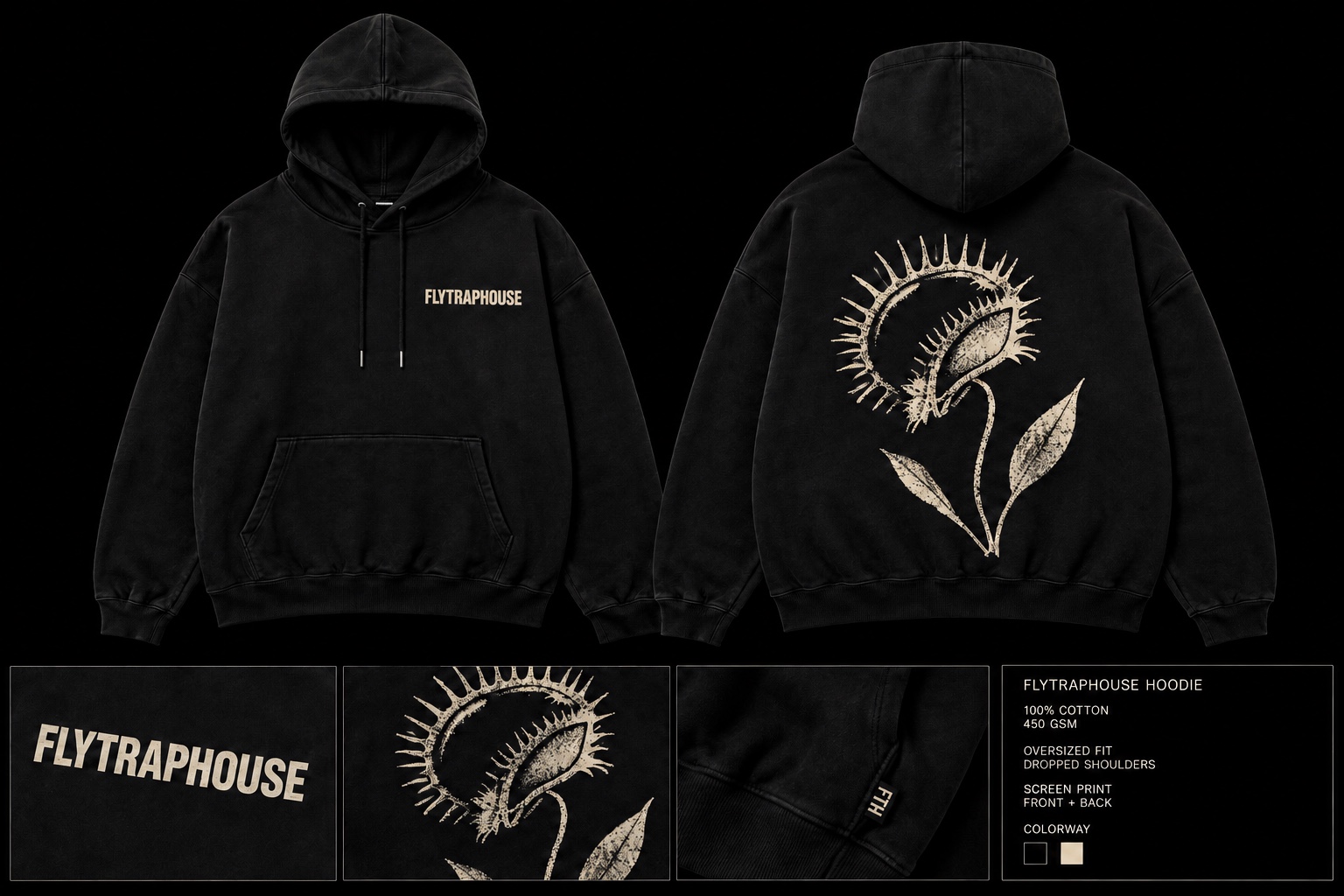FlyTrapHouse black hoodie design board with graphic prints